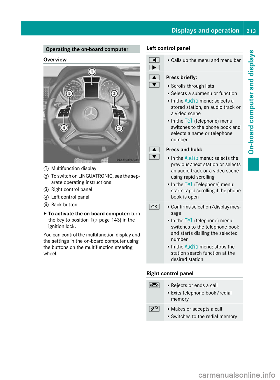 MERCEDES-BENZ G-CLASS SUV 2012  Owners Manual Operating the on-board computer
Overview :
Multifunction display
; To switch on LINGUATRONIC, see the sep-
arate operating instructions
= Right control panel
? Left control panel
A Back button
X To ac