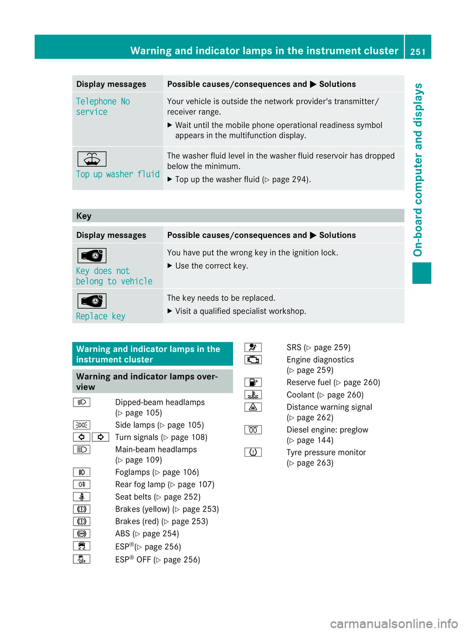 MERCEDES-BENZ G-CLASS SUV 2012  Owners Manual Display messages Possible causes/consequences and
M Solutions
Telephone No
service Your vehicle is outside the network provider's transmitter/
receiver range.
X
Wait until the mobile phone operati