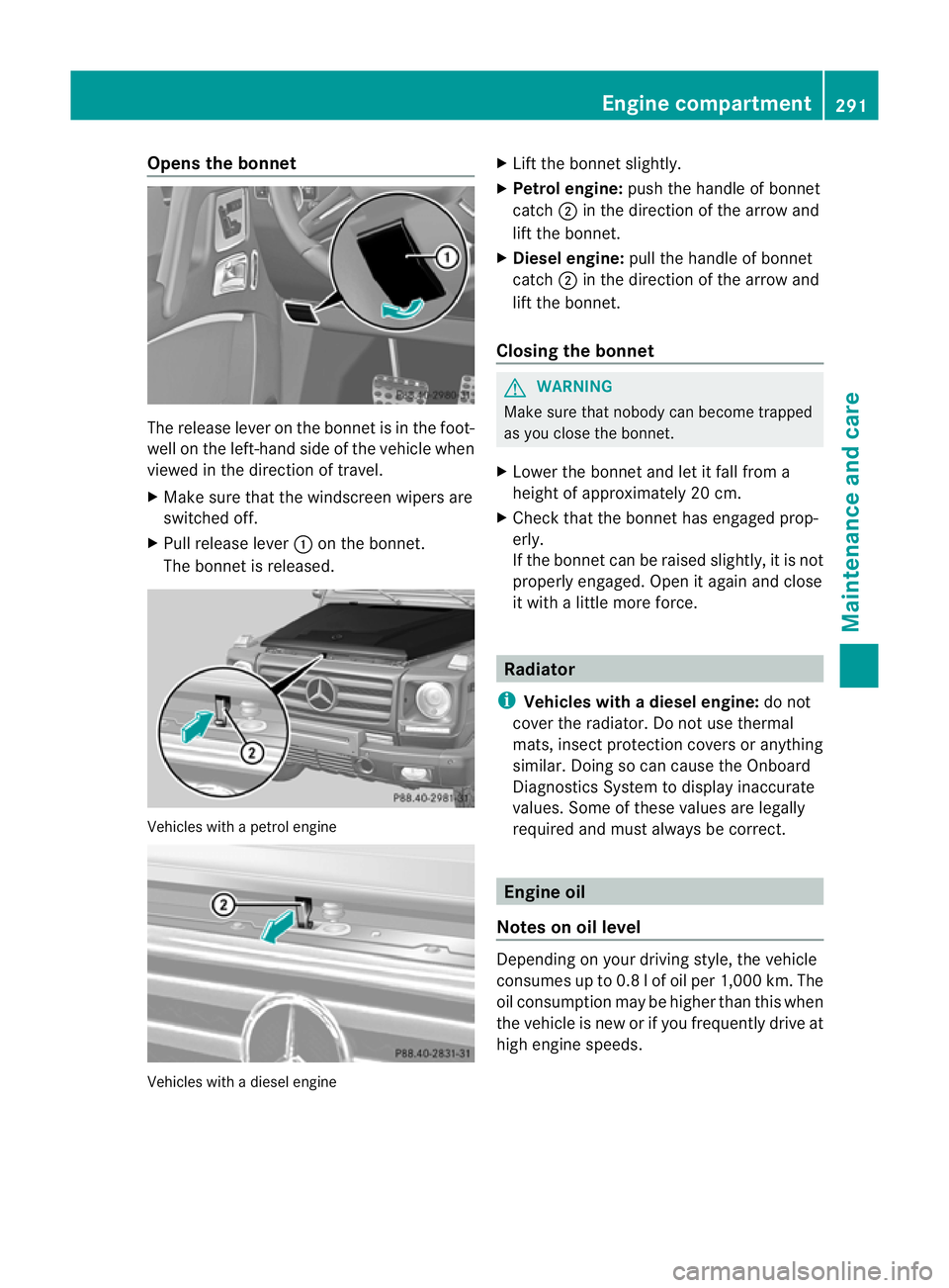 MERCEDES-BENZ G-CLASS SUV 2012 Owners Manual Opens the bonnet
The release lever on the bonnet is in the foot-
well on the left-hand side of the vehicle when
viewed in the direction of travel.
X Make sure that the windscreen wipers are
switched o MERCEDES-BENZ G-CLASS SUV 2012 Owners Manual Opens the bonnet
The release lever on the bonnet is in the foot-
well on the left-hand side of the vehicle when
viewed in the direction of travel.
X Make sure that the windscreen wipers are
switched o