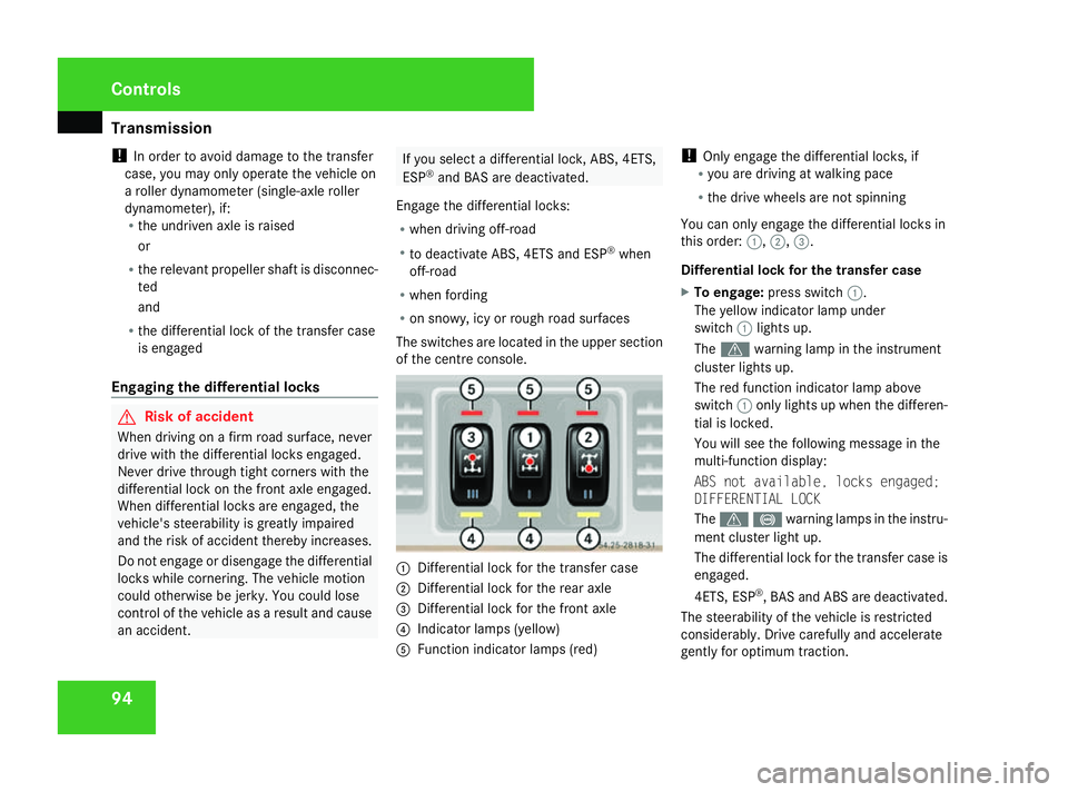 MERCEDES-BENZ G-CLASS SUV 2008 Owners Manual Transmission
94
!
In order to avoid damage to the transfer
case, you may only operate the vehicle on
a roller dynamometer (single-axle roller
dynamometer), if:
R the undriven axle is raised
or
R the r MERCEDES-BENZ G-CLASS SUV 2008 Owners Manual Transmission
94
!
In order to avoid damage to the transfer
case, you may only operate the vehicle on
a roller dynamometer (single-axle roller
dynamometer), if:
R the undriven axle is raised
or
R the r