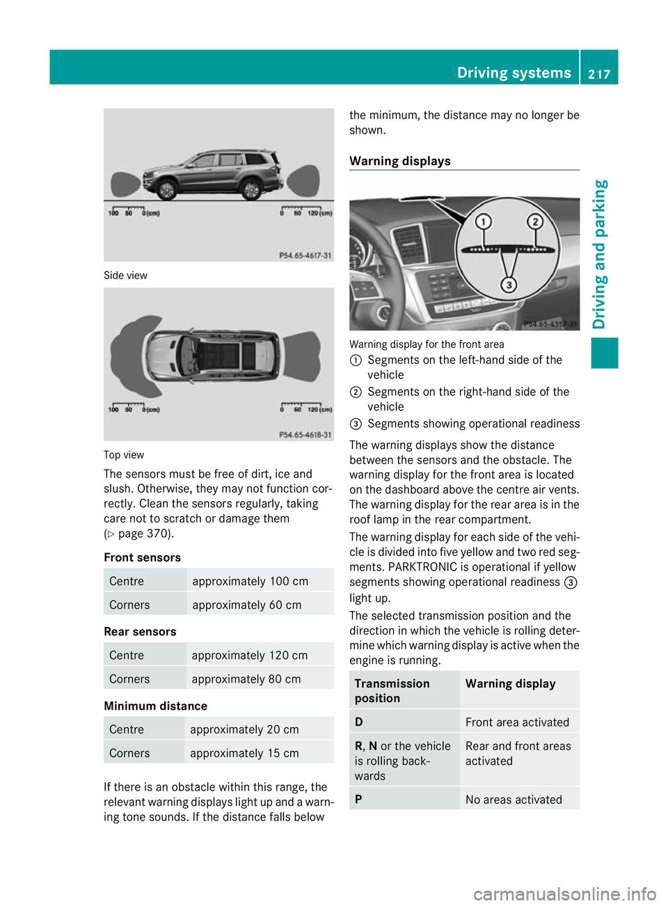 MERCEDES-BENZ GL SUV 2012 Owners Manual Sid
eview Top view
The sensors mus
tbefree of dirt, ice and
slush. Othe rwise, they may not function cor-
rectly. Clean the sensor sregularly, taki ng
care not to scratch or damag ethem
(Y page 37 0). MERCEDES-BENZ GL SUV 2012 Owners Manual Sid
eview Top view
The sensors mus
tbefree of dirt, ice and
slush. Othe rwise, they may not function cor-
rectly. Clean the sensor sregularly, taki ng
care not to scratch or damag ethem
(Y page 37 0).