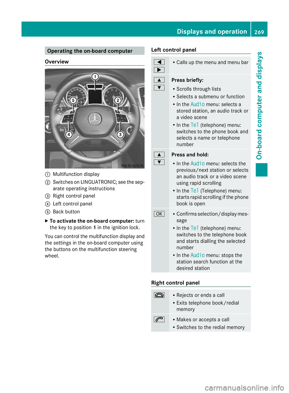 MERCEDES-BENZ GL SUV 2012 Owners Manual Oper
ating the on-board compu ter
Overview :
Multifunction display
; Swit ches on LINGU ATRONIC; see the sep-
arate operating instructions
= Right control panel
? Left control panel
A Back button
X To MERCEDES-BENZ GL SUV 2012 Owners Manual Oper
ating the on-board compu ter
Overview :
Multifunction display
; Swit ches on LINGU ATRONIC; see the sep-
arate operating instructions
= Right control panel
? Left control panel
A Back button
X To