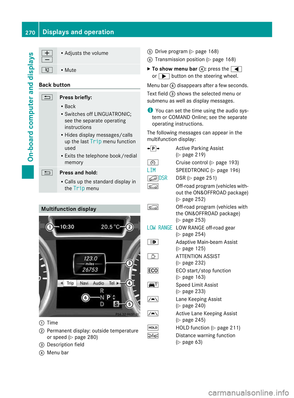 MERCEDES-BENZ GL SUV 2012 Owners Manual W
X R
Adjusts the volume 8 R
Mute Bac
kbutton %
Press briefly:
R
Back
R Switch esoff LINGUATRONIC;
see the separate operating
instructi ons
R Hides displa ymessages/calls
up the last Trip men
ufunctio MERCEDES-BENZ GL SUV 2012 Owners Manual W
X R
Adjusts the volume 8 R
Mute Bac
kbutton %
Press briefly:
R
Back
R Switch esoff LINGUATRONIC;
see the separate operating
instructi ons
R Hides displa ymessages/calls
up the last Trip men
ufunctio