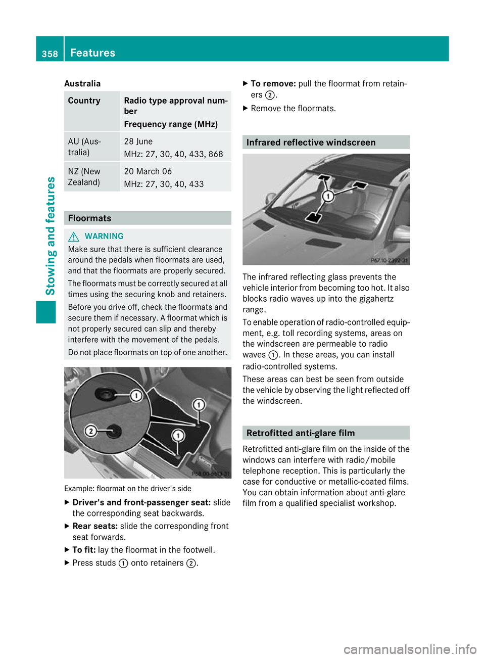 MERCEDES-BENZ GL SUV 2012  Owners Manual Australia
Country Radio type approval num-
ber
Frequency range (MHz)
AU (Aus-
tralia) 28 June
MHz
:27,30 ,40, 433, 868 NZ
(New
Zealand) 20 March 06
MHz: 27
,30, 40, 433 Floormats
G
WARNING
Mak esure t