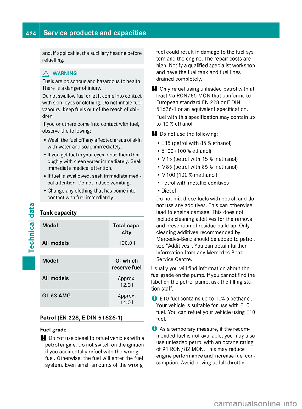 MERCEDES-BENZ GL SUV 2012  Owners Manual and, if applicable, the auxiliar
yheating before
refuelling. G
WARNING
Fuels are poisonous and hazardou stohealth.
Ther eisad anger of injury.
Do not swallow fuel or let it com eintoc ontact
with skin