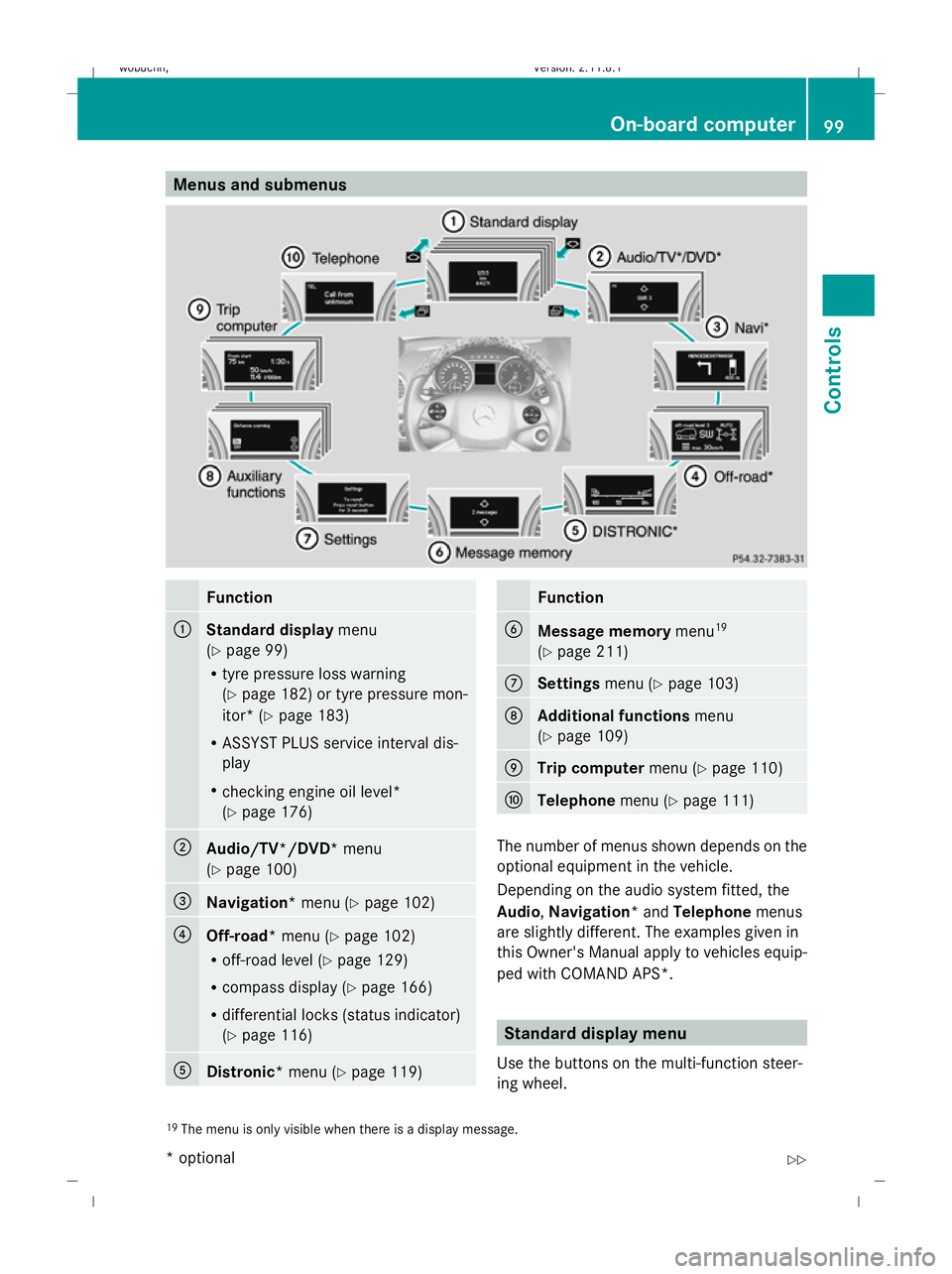 MERCEDES-BENZ GL SUV 2009 Owners Manual Menus and submenus
Function
:
Standard display
menu
(Y page 99)
R tyre pressure loss warning
(Y page 182) or tyre pressure mon-
itor* (Y page 183)
R ASSYST PLUS service interval dis-
play
R checking e MERCEDES-BENZ GL SUV 2009 Owners Manual Menus and submenus
Function
:
Standard display
menu
(Y page 99)
R tyre pressure loss warning
(Y page 182) or tyre pressure mon-
itor* (Y page 183)
R ASSYST PLUS service interval dis-
play
R checking e