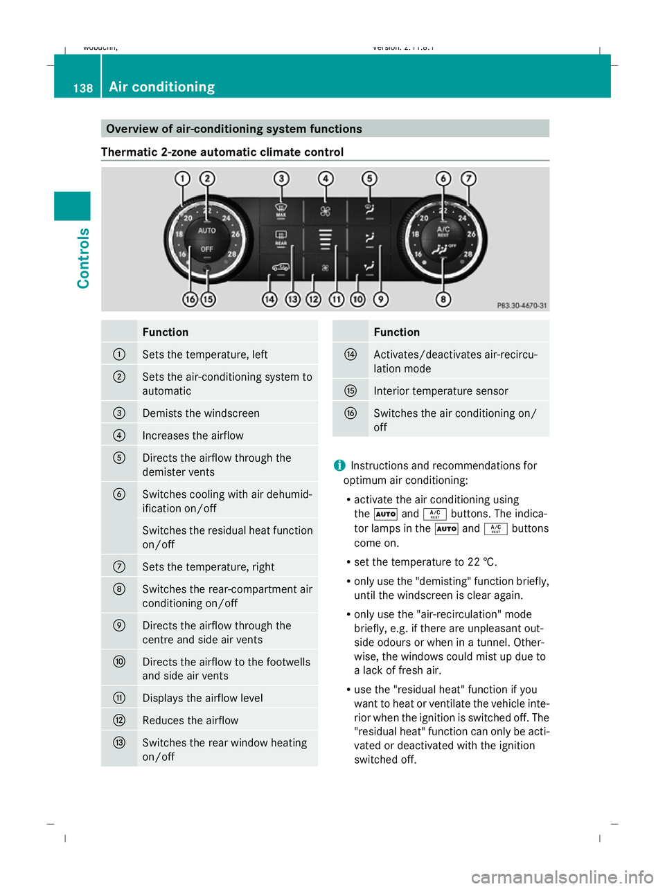 MERCEDES-BENZ GL SUV 2009 Owners Manual Overview of air-conditioning system functions
Thermatic 2-zone automatic climate control Function
:
Sets the temperature, left
;
Sets the air-conditioning system to
automatic
=
Demists the windscreen
MERCEDES-BENZ GL SUV 2009 Owners Manual Overview of air-conditioning system functions
Thermatic 2-zone automatic climate control Function
:
Sets the temperature, left
;
Sets the air-conditioning system to
automatic
=
Demists the windscreen