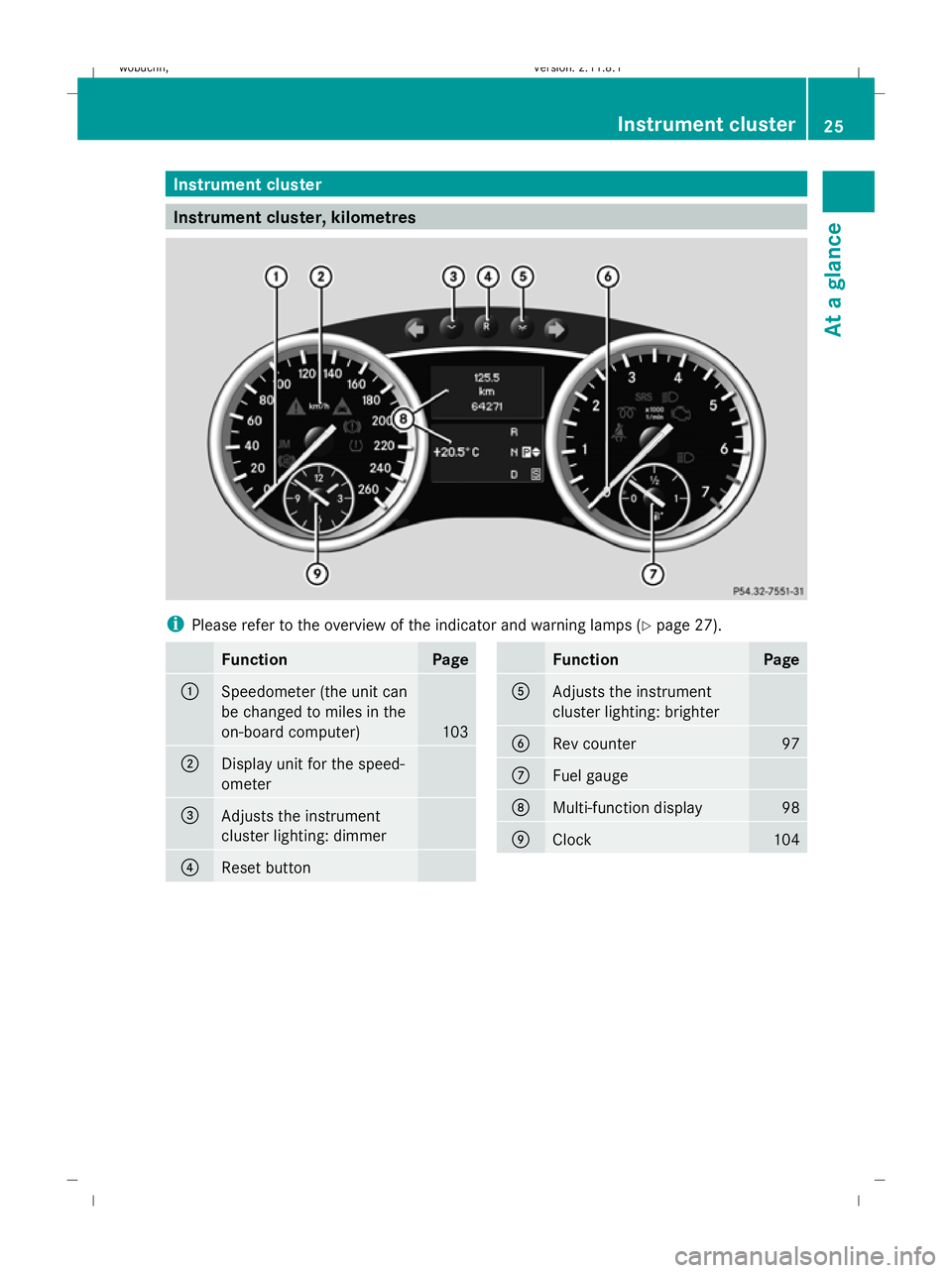 MERCEDES-BENZ GL SUV 2009  Owners Manual Instrument cluster
Instrument cluster, kilometres
i
Please refer to the overview of the indicator and warning lamps ( Ypage 27). Function Page
:
Speedometer (the unit can
be changed to miles in the
on