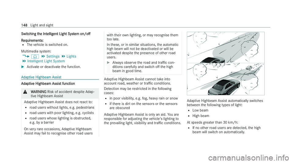 MERCEDES-BENZ GLA SUV 2022  Owners Manual �S�w�i�t�c�h�i�n�g� �t�h�e� �I�n�t�e�l�l�i�g�e�n�t� �L�i�g�h�t� �S�y�s�t�e�m� �o�n�/�oM
�R
�e�q�u�i�r�e�m�e�n�t�s�:� 
�= �T�h�e� �v�e�h�i�c�l�e� �i�s� �s�w�i�t�c�h�e�d� �o�n�.
�M�u�l�t�i�m�e�d�i�a� �
