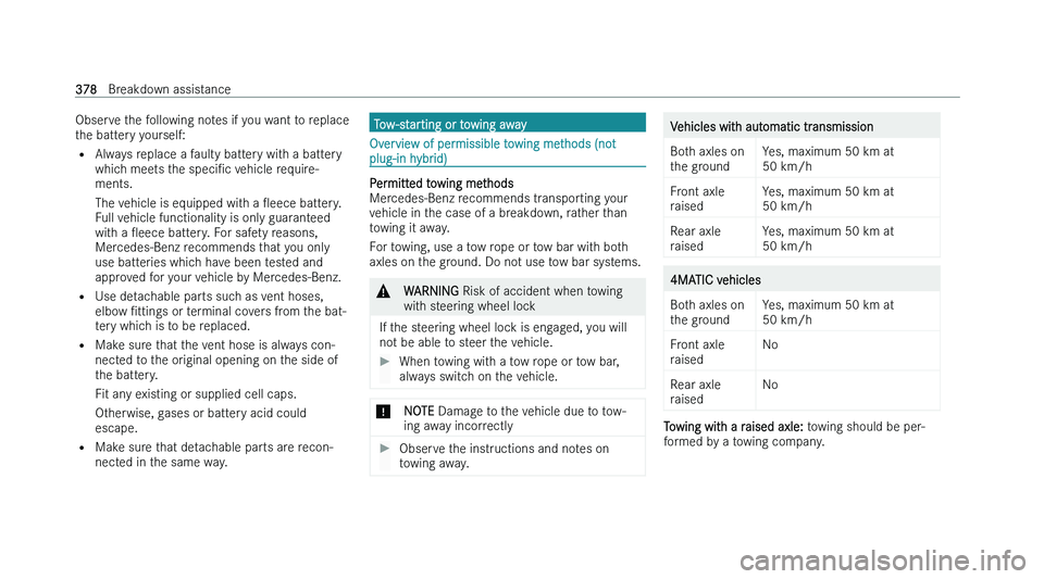 MERCEDES-BENZ GLA SUV 2022  Owners Manual �O�b�s�e�r�v�e� �t�h�e� �f�o�l�l�o�w�i�n�g� �n�o�t�e�s� �i�f� �y�o�u� �w�a�n�t� �t�o� �r�e�p�l�a�c�e
�t �h�e� �b�a�t�t�e�r�y� �y�o�u�r�s�e�l�f�:
�= �A�l�w�a�y�s� �r�e�p�l�a�c�e� �a� �f�a�u�l�t�y� �b�a