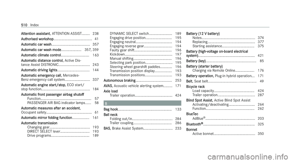 MERCEDES-BENZ GLA SUV 2022  Owners Manual �A�t�t�e�n�t�i�o�n� �a�s�s�i�s�t�a�n�t�,� �A
�T�T�E�N�T�I�O�N� �A�S�S�I�S�T�.�.�.�.�.�.�.�. �2�3�8
�A�u�t�h�o�r�i�s�e�d� �w�o�r�k�s�h�o�p �.�.�.�.�.�.�.�.�.�.�.�.�.�.�.�.�.�.�.�.�.�.�.�.�.�.�.�.�.�.�.