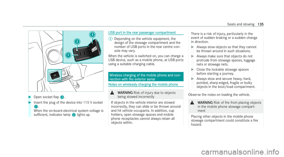 MERCEDES-BENZ GLA SUV 2020  Owners Manual #
Open soc ket 0ap 3. #
Inse rtthe plug of the device into 115 V soc ket
1 .
When the on-board electrical system voltage is
su1cient, indicator lamp 2lights up. USB por
USB por
t in t
t in the r
he 