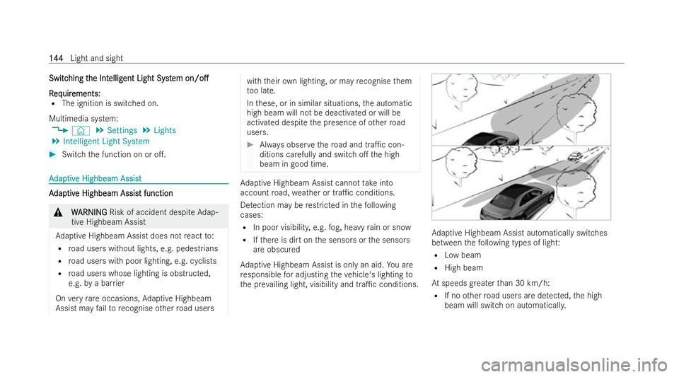 MERCEDES-BENZ GLA SUV 2020  Owners Manual Switc
Switc
hing t
hing t he Int
he Int ellig
elligent Light Syst
ent Light Syst em
emon/o.
on/o.
R
R eq
equir uir ements:
ements:
R The ignition is switched on.
Multimedia sy stem:
4 © 5
Settings 