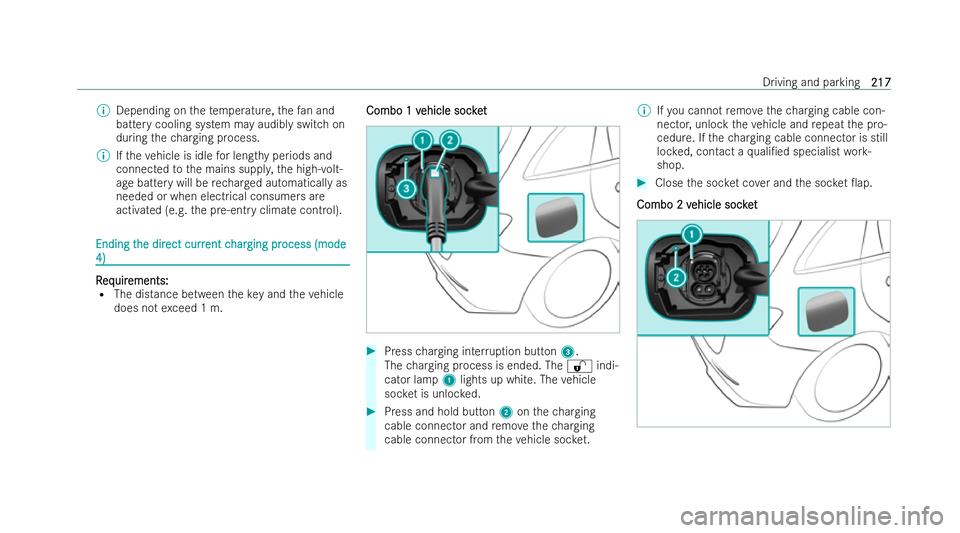 MERCEDES-BENZ GLA SUV 2020  Owners Manual %
Depending on thete mp erature, thefa n and
bat tery cooling system may audibly switch on
during thech arging process.
% Ifth eve hicle is idle for lengt hyperiods and
connected tothe mains suppl y,t