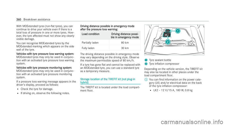 MERCEDES-BENZ GLA SUV 2020  Owners Manual Wi
th MOEx tended tyres (run-0at tyres), you can
continue todrive your vehicle even if there is a
to ta l loss of pressure in one or more tyres. Ho w-
ev er, the tyre a.ected must not show any clear