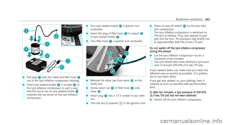 MERCEDES-BENZ GLA SUV 2020  Owners Manual #
Pull plug 7with the cable and /ller hose 3
out of the tyre in0ation compressor housing. #
Insert tyre sealant bottle 9in soc ket6 of
th e tyre in0ation compressor in such a way
th at there d ar r