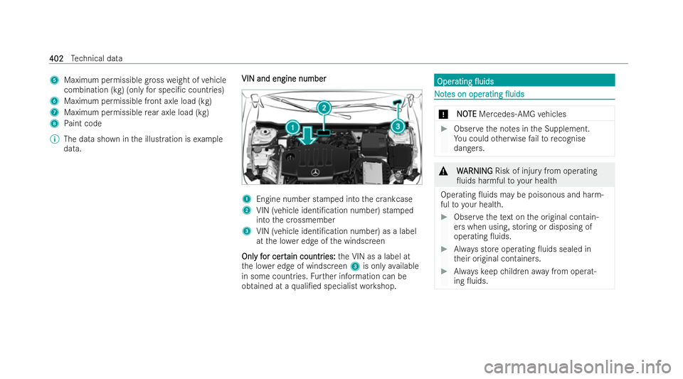 MERCEDES-BENZ GLA SUV 2020  Owners Manual 5
Maximum permissible gross weight of vehicle
combination (kg) (only for speci/c countries)
6 Maximum permissible front axle load (kg)
7 Maximum permissible rear axle load (kg)
8 Paint code
% The dat