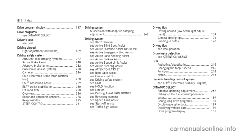 MERCEDES-BENZ GLA SUV 2020  Owners Manual Dr
Dr
iv
ive pr
e pr ogr
ogram display
am display .................................. 187
Dr
Dr iv
ive pr
e pr ogr
ograms
ams
see DYNAMIC SELECT
Dr
Dr iv
iver's seat
er's seat
see Seat
Dr
Dr iv