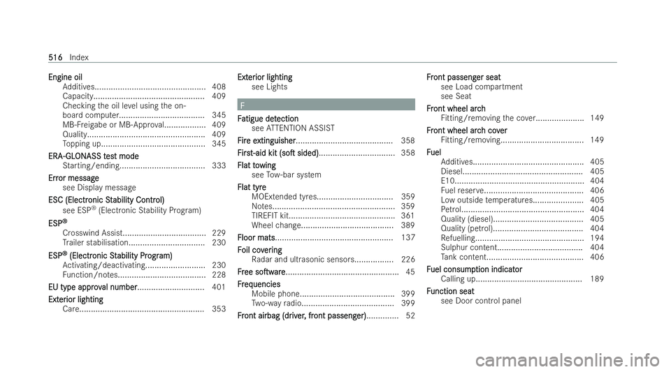 MERCEDES-BENZ GLA SUV 2020  Owners Manual Engine oil
Engine oil
Additives................................................ 408
Capacity................................................ 409
Checking the oil le vel using the on-
board computer...