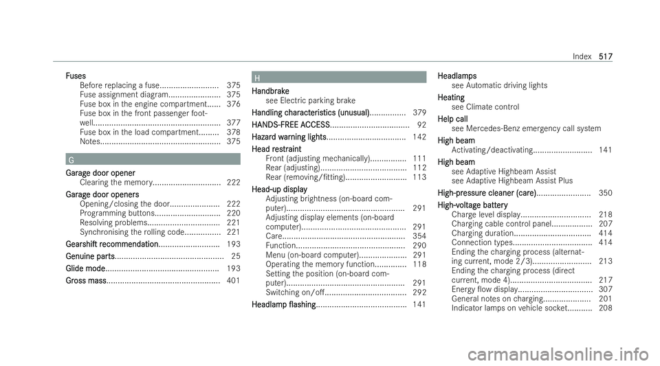 MERCEDES-BENZ GLA SUV 2021  Owners Manual F
F
uses
uses
Before replacing a fuse.......................... 375
Fu se assignment diag ram. ...................... 375
Fu se box in the engine compartment......3 76
Fu se box in the front passenger