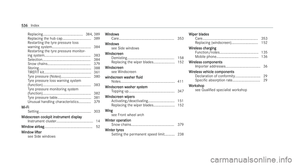 MERCEDES-BENZ GLA SUV 2020  Owners Manual Re
placing...................................... .384, 389
Re placing the hub cap............................ 389
Re starting the tyre pressure loss
wa rning system....................................