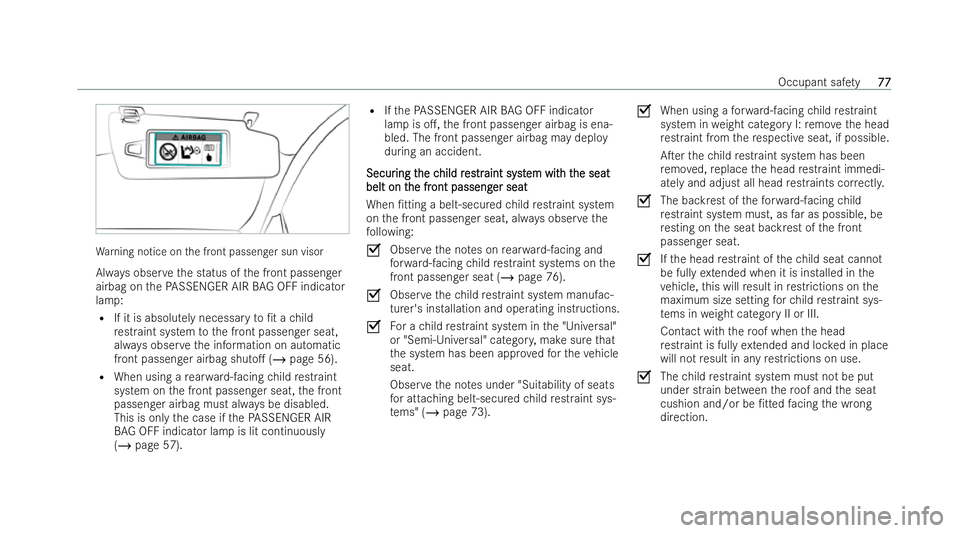 MERCEDES-BENZ GLA SUV 2021  Owners Manual Wa
rning notice on the front passenger sun visor
Alw ays obser vethe status of the front passenger
airbag on thePA SSENGER AIR BAG OFF indicator
la mp:
R If it is absolu tely necessary to/t a child
r