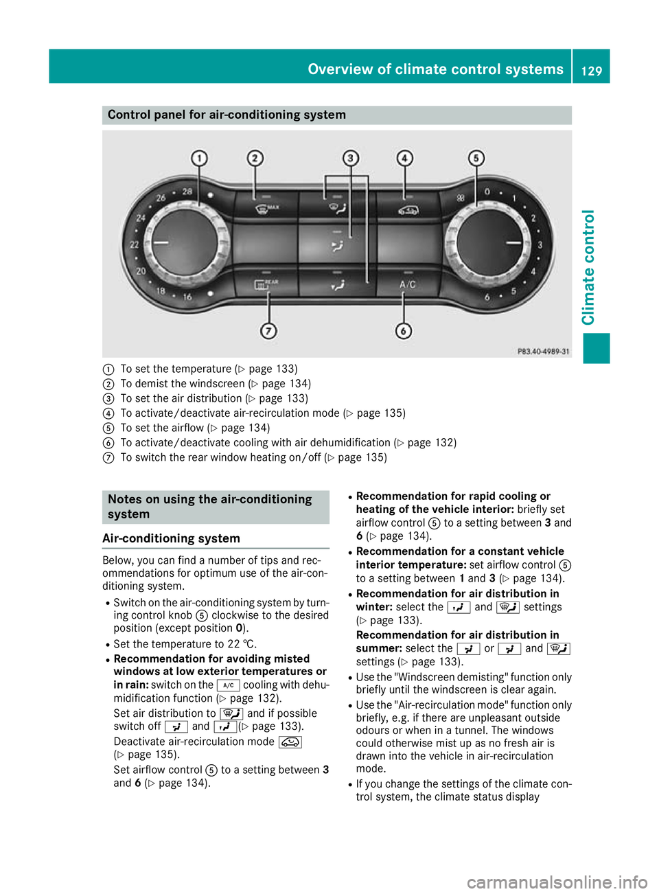 MERCEDES-BENZ GLA SUV 2017  Owners Manual Control panel for air-conditioning system
:
To set the temperature (Y page 133)
; To demist the windscreen (Y page 134)
= To set the air distribution (Y page 133)
? To activate/deactivate air-recircul