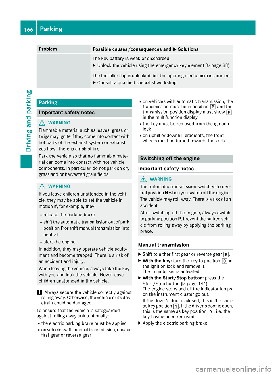MERCEDES-BENZ GLA SUV 2017 Owners Manual Problem
Possible causes/consequences and
M
MSolutions The key battery is weak or discharged.
X Unlock the vehicle using the emergency key element (Y page 88).The fuel filler flap is unlocked, but the MERCEDES-BENZ GLA SUV 2017 Owners Manual Problem
Possible causes/consequences and
M
MSolutions The key battery is weak or discharged.
X Unlock the vehicle using the emergency key element (Y page 88).The fuel filler flap is unlocked, but the