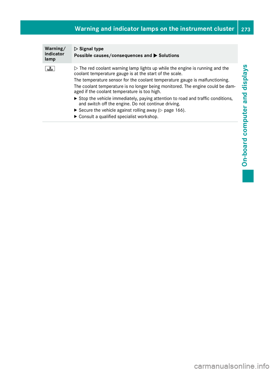 MERCEDES-BENZ GLA SUV 2017 Owners Manual Warning/
indicator
lamp
N N
Signal type
Possible causes/consequences and M
MSolutions ?
N
The red coolant warning lamp lights up while the engine is running and the
coolant temperature gauge is at the MERCEDES-BENZ GLA SUV 2017 Owners Manual Warning/
indicator
lamp
N N
Signal type
Possible causes/consequences and M
MSolutions ?
N
The red coolant warning lamp lights up while the engine is running and the
coolant temperature gauge is at the