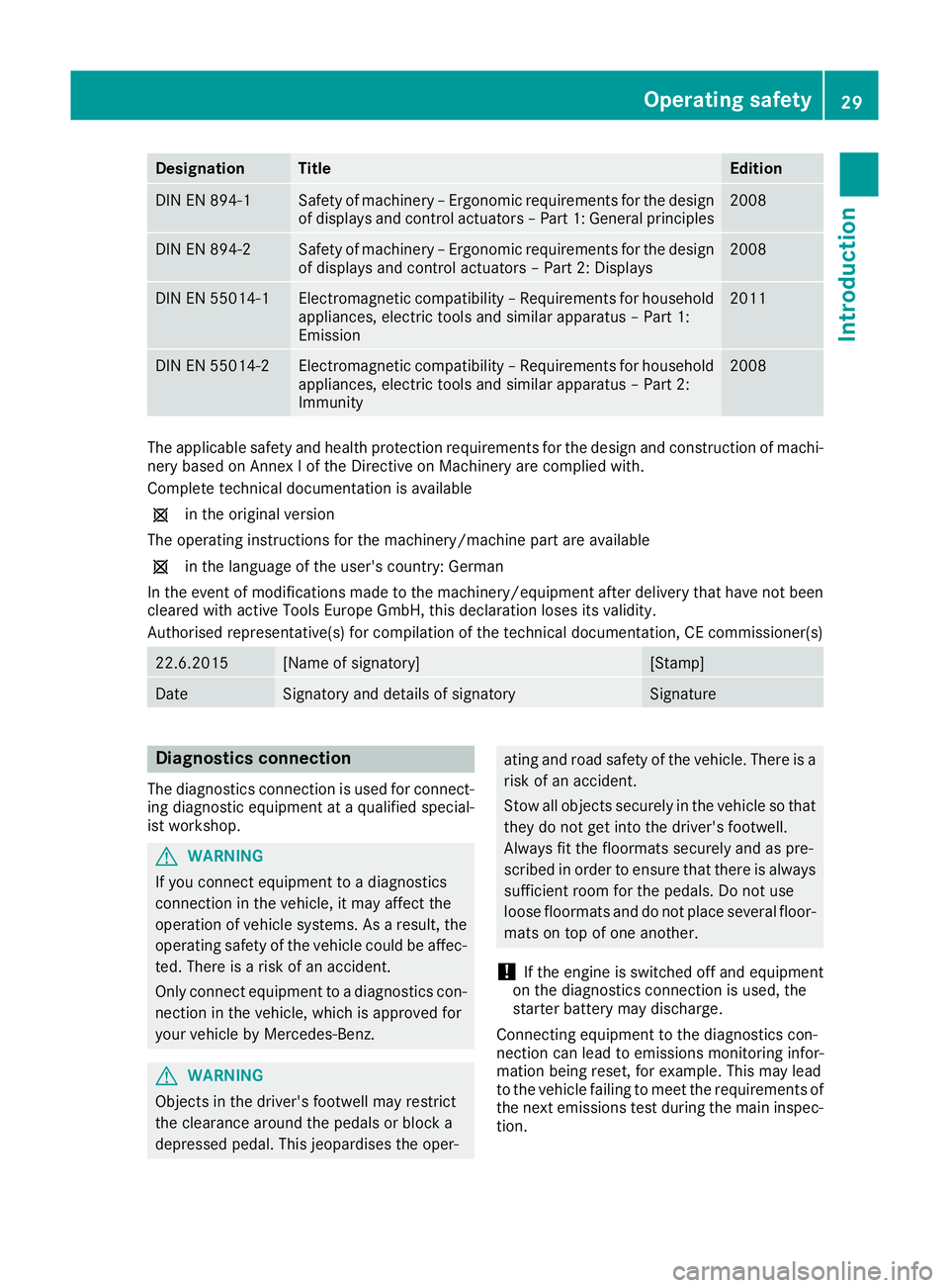 MERCEDES-BENZ GLA SUV 2017 Owners Guide Designation Title Edition
DIN EN 894-1 Safety of machinery – Ergonomic requirements for the design
of displays and control actuators – Part 1: General principles 2008
DIN EN 894-2 Safety of machin