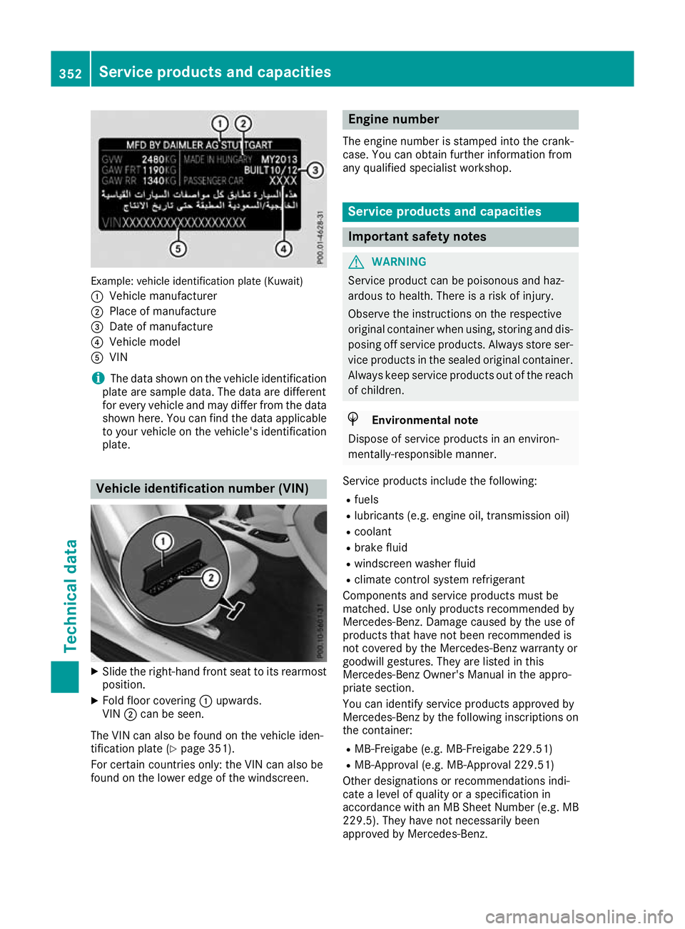 MERCEDES-BENZ GLA SUV 2017 Owners Manual Example: vehicle identification plate (Kuwait)
: Vehicle manufacturer
; Place of manufacture
= Date of manufacture
? Vehicle model
A VIN
i The data shown on the vehicle identification
plate are sample MERCEDES-BENZ GLA SUV 2017 Owners Manual Example: vehicle identification plate (Kuwait)
: Vehicle manufacturer
; Place of manufacture
= Date of manufacture
? Vehicle model
A VIN
i The data shown on the vehicle identification
plate are sample