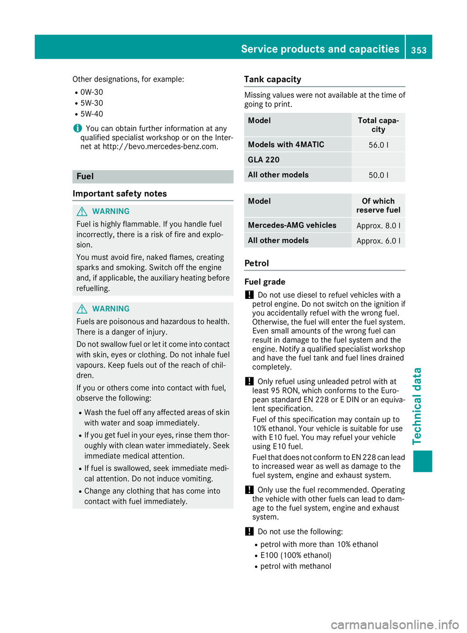 MERCEDES-BENZ GLA SUV 2017 Owners Manual Other designations, for example:
R 0W-30
R 5W-30
R 5W-40
i You can obtain further information at any
qualified specialist workshop or on the Inter-
net at http://bevo.mercedes-benz.com. Fuel
Important MERCEDES-BENZ GLA SUV 2017 Owners Manual Other designations, for example:
R 0W-30
R 5W-30
R 5W-40
i You can obtain further information at any
qualified specialist workshop or on the Inter-
net at http://bevo.mercedes-benz.com. Fuel
Important