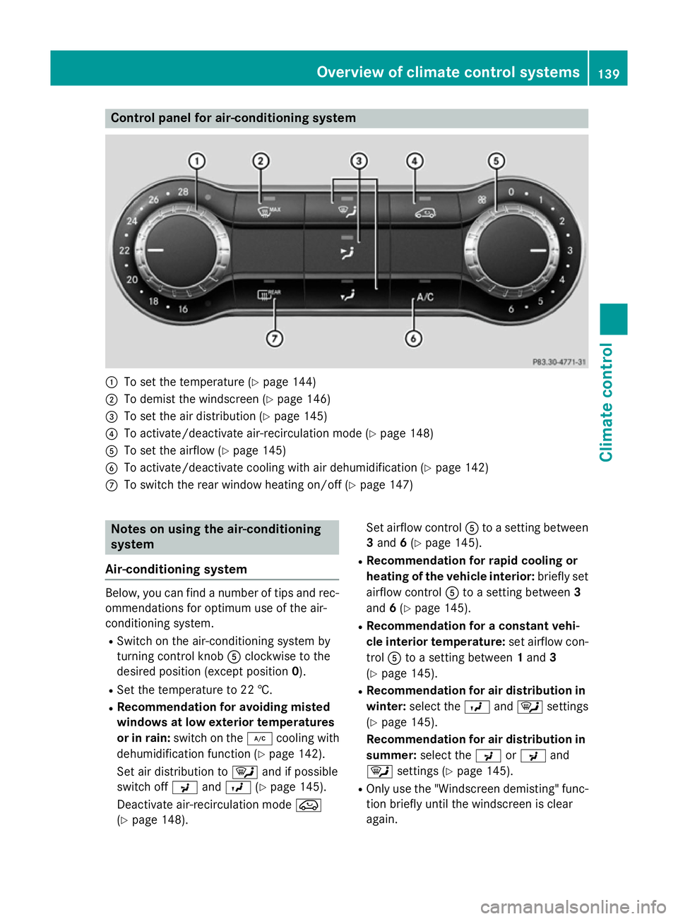 MERCEDES-BENZ GLA SUV 2013  Owners Manual Control panel for air-conditioning system
:
To set the temperature (Y page 144)
; To demist the windscreen (Y page 146)
= To set the air distribution (Y page 145)
? To activate/deactivate air-recircul