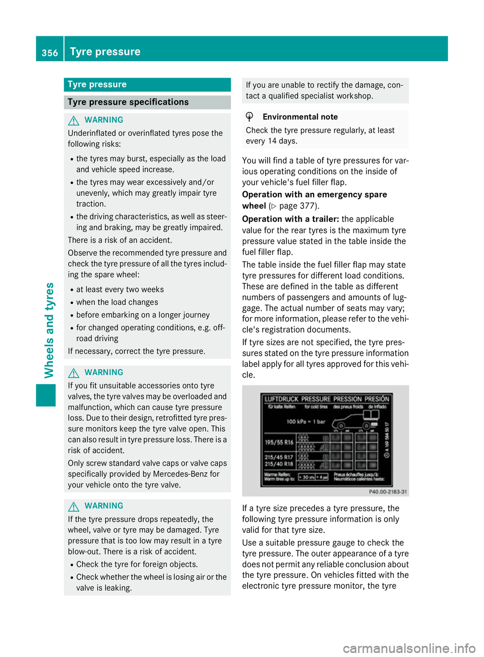 MERCEDES-BENZ GLA SUV 2013 Owners Manual Tyre pressure
Tyre pressure specifications
G
WARNING
Underinflated or overinflated tyres pose the
following risks:
R the tyres may burst, especially as the load
and vehicle speed increase.
R the tyres MERCEDES-BENZ GLA SUV 2013 Owners Manual Tyre pressure
Tyre pressure specifications
G
WARNING
Underinflated or overinflated tyres pose the
following risks:
R the tyres may burst, especially as the load
and vehicle speed increase.
R the tyres