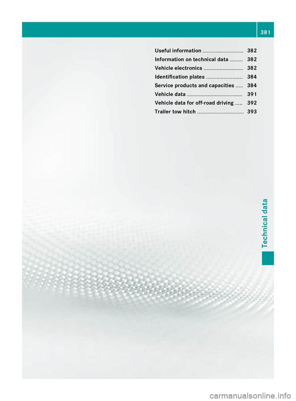 MERCEDES-BENZ GLA SUV 2013 Owners Manual Useful information
............................382
Information on technical data .........382
Vehicle electronics ...........................382
Identification plates .........................384
Serv MERCEDES-BENZ GLA SUV 2013 Owners Manual Useful information
............................382
Information on technical data .........382
Vehicle electronics ...........................382
Identification plates .........................384
Serv