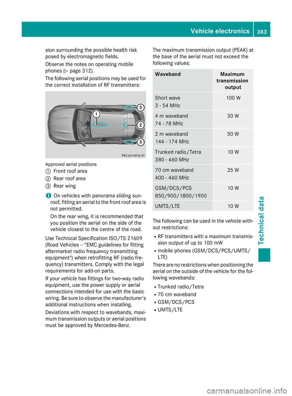 MERCEDES-BENZ GLA SUV 2013 Owners Manual sion surrounding the possible health risk
posed by electromagnetic fields.
Observe the notes on operating mobile
phones (Y page 312).
The following aerial positions may be used for the correct install MERCEDES-BENZ GLA SUV 2013 Owners Manual sion surrounding the possible health risk
posed by electromagnetic fields.
Observe the notes on operating mobile
phones (Y page 312).
The following aerial positions may be used for the correct install