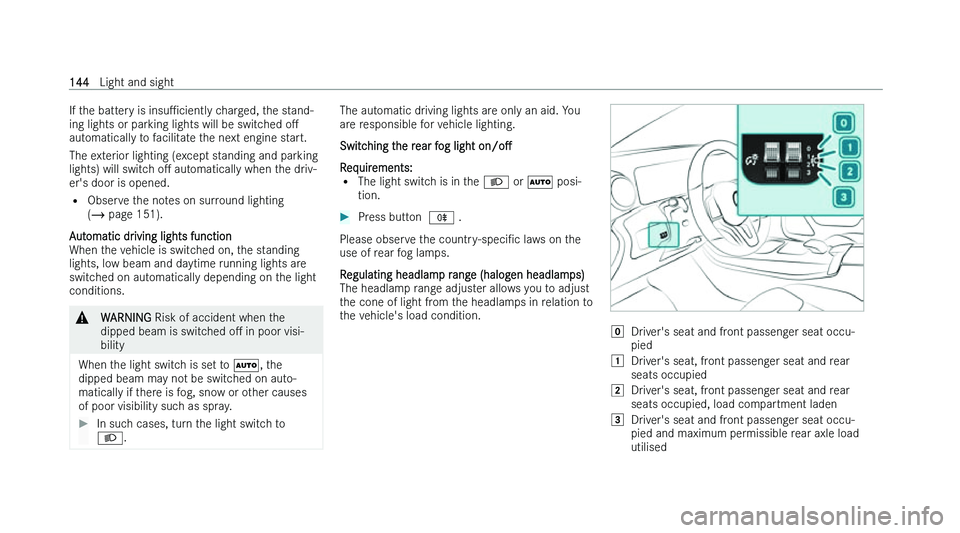 MERCEDES-BENZ GLB SUV 2022  Owners Manual �I�f� �t�h�e� �b�a�t�t�e�r�y� �i�s� 
�i�n�s�uP�c�i�e�n�t�l �y� �c�h�a�r�g�e�d�,� �t�h�e� �s�t�a�n�d�-
�i�n�g� �l�i�g�h�t�s� �o�r� �p�a�r�k�i�n�g� �l�i�g�h�t�s� �w�i�l�l� �b�e� �s�w�i�t�c�h�e�d�  �oM