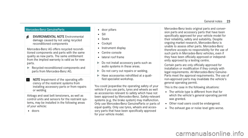 MERCEDES-BENZ GLB SUV 2022 Owners Manual �M�e�r�c�e�d�e�s�-�B�e�n�z� �G�e�n�u�i�n�e�P�a�r�t�s
�+ �E�N�V�I�R�O�N�M�E�N�T�A�L� �N�O�T�E
� �E�n �v�i�r�o�n�m�e�n�t�a�l
�d�a�m�a�g�e� �c�a�u�s�e�d� �b�y� �n�o�t� �u�s�i�n�g� �r�e�c�y�c�l�e�d
�r�e�c