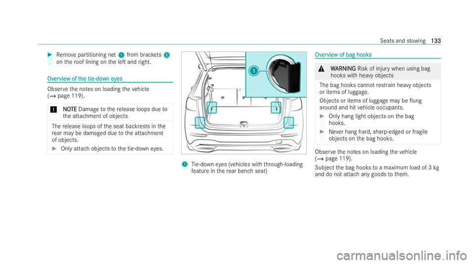 MERCEDES-BENZ GLB SUV 2021  Owners Manual #
Remo vepartitioning net 1from brac kets 2
on thero of lining on the leT and right. Ov
Ov
er
ervie
vie w of t
w of t he tie-do
he tie-do wney
wn eyes
es Obser
vethe no tes on loading theve hicle
(/ 