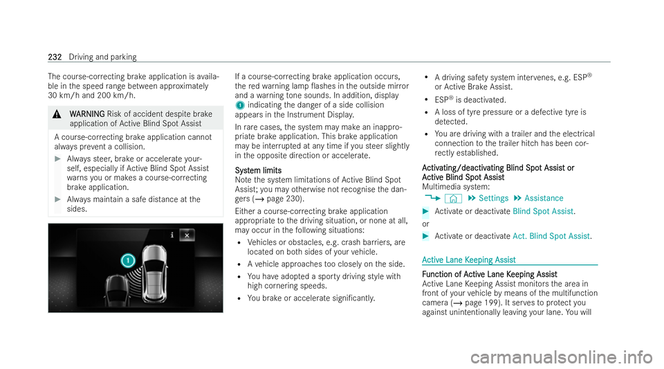 MERCEDES-BENZ GLB SUV 2021  Owners Manual The cou
rse-cor recting brake application is availa-
ble in the speed range between app roximately
30 km/h and 200 km/h. &
W
WARNING
ARNING Risk of accident despi tebrake
application of Active Blind S