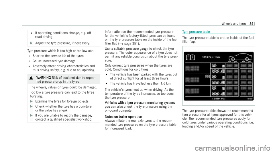 MERCEDES-BENZ GLB SUV 2021  Owners Manual R
if operating conditions change, e.g. o.-
ro ad driving #
Adjust the tyre pressure, if necessar y.Ty
re pressure which is too high or too low can:
R Shor tenth e service life of the tyres.
R Cause i