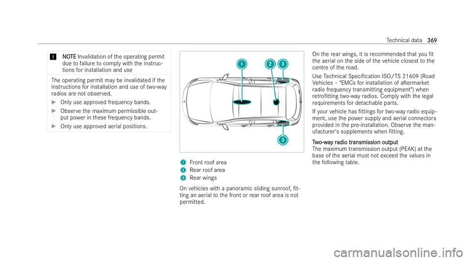 MERCEDES-BENZ GLB SUV 2021  Owners Manual *
N
N O
OTE
TE Inva lidation of the operating permit
due tofailure tocomply with the inst ruc-
tions for installation and use The operating permit may be in
validated if the
inst ructions for installa