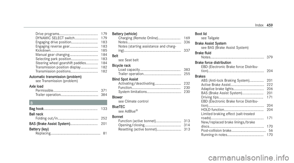 MERCEDES-BENZ GLB SUV 2021  Owners Manual Drive prog
rams...................................... 179
DY NAMIC SELECT switch...................... .179
Engaging drive position.......................... 183
Engaging reve rsege ar................