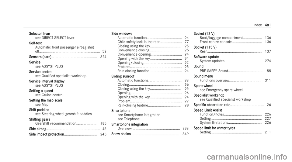 MERCEDES-BENZ GLB SUV 2021  Owners Manual Select
Select
or lev
or lever
er
see DIRECT SELECT le ver
Self-t
Self-t est
est
Au tomatic front passenger airbag shut
o............................................................. 52
Sensor
Sensor 