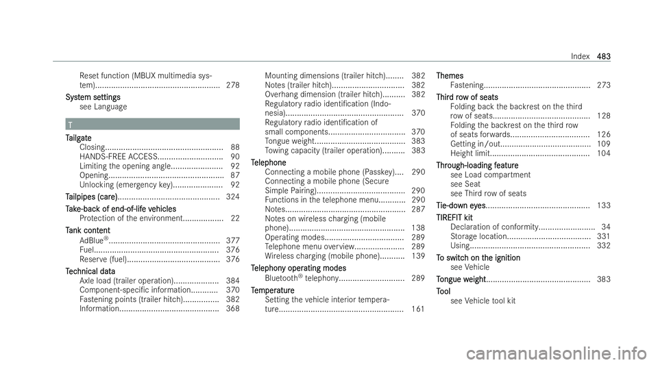 MERCEDES-BENZ GLB SUV 2021  Owners Manual Re
set function (MBUX multimedia sys-
te m)....................................................... 278
Syst
Syst em se
em se ttings
ttings
see Language T
T
T
T ailg
ailg ate
ate
Closing...............