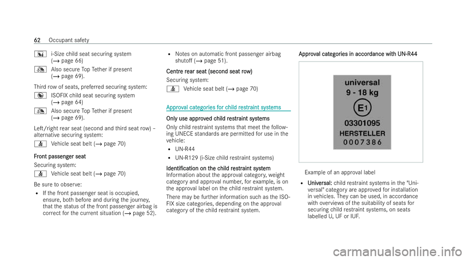 MERCEDES-BENZ GLB SUV 2021 Repair Manual °
i-Sizechild seat securing system
(/ page 66)
¯ Also secure TopTe ther if present
(/ page 69).
Third row of seats, prefer red securing system:
® ISOFIX child seat securing system
(/ page 64)
¯ Al
