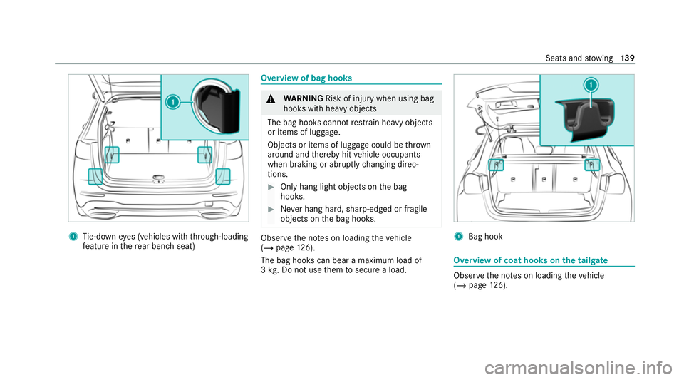 MERCEDES-BENZ GLB SUV 2019  Owners Manual 1
Tie-down eyes (vehicles with thro ugh-loading
fe ature in there ar ben chseat) Overview of bag hooks
&
WARNING Risk of inju rywhen using bag
hooks with heavy objects
The bag hooks cannot restra in h
