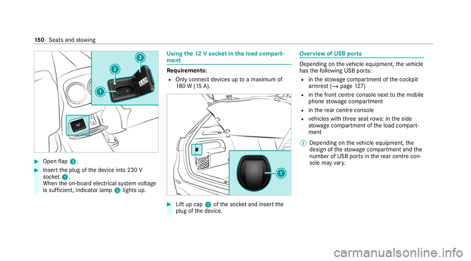 MERCEDES-BENZ GLB SUV 2019  Owners Manual #
Open flap 3. #
Insert the plug of the device into 230 V
soc ket1.
When the on-board electrical sy stem voltage
is suf ficient, indicator la mp2lights up. Using
the12 V so cket inthe load compa rt‐