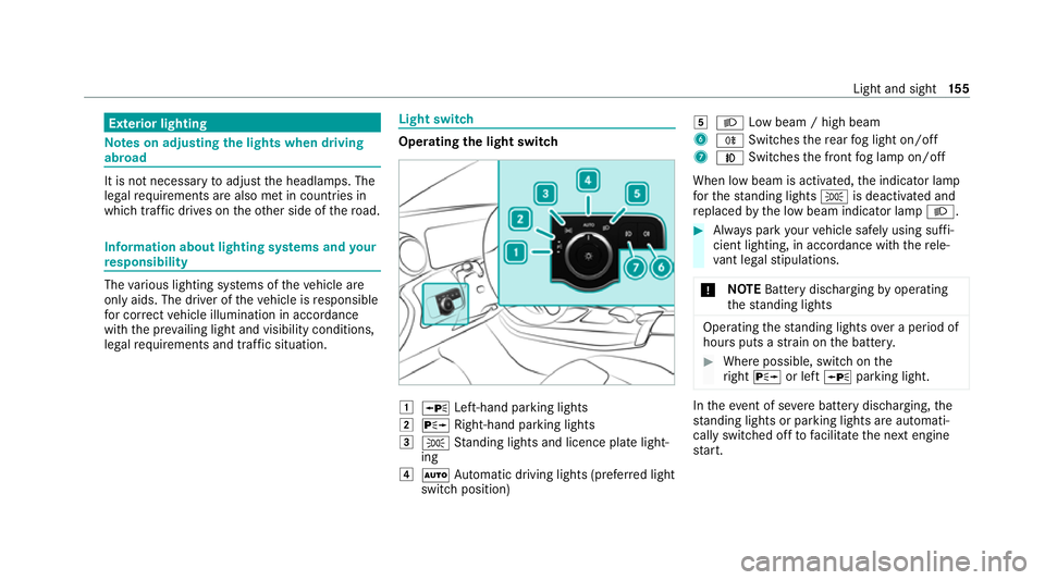 MERCEDES-BENZ GLB SUV 2019 Owners Manual Exterior lighting
Note
s on adjusting the lights when driving
abroad It is not necessary
toadjust the headlamps. The
legal requirements are also met in countries in
which traf fic drives on theot her MERCEDES-BENZ GLB SUV 2019 Owners Manual Exterior lighting
Note
s on adjusting the lights when driving
abroad It is not necessary
toadjust the headlamps. The
legal requirements are also met in countries in
which traf fic drives on theot her
