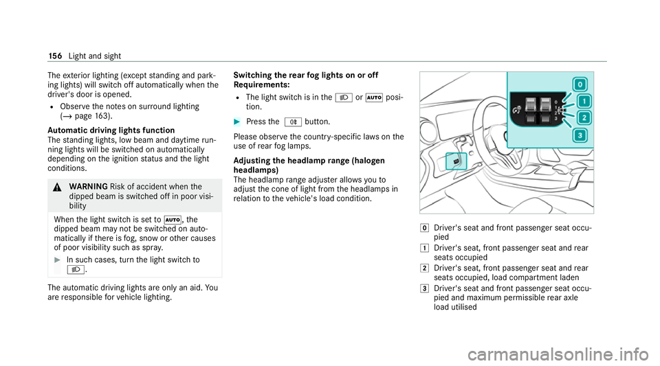 MERCEDES-BENZ GLB SUV 2019 Owners Manual The
exterior lighting (e xcept standing and park‐
ing lights) will swit choff automatically when the
driver's door is opened.
R Obser vethe no tes on sur round lighting
(/ page 163).
Au tomatic MERCEDES-BENZ GLB SUV 2019 Owners Manual The
exterior lighting (e xcept standing and park‐
ing lights) will swit choff automatically when the
driver's door is opened.
R Obser vethe no tes on sur round lighting
(/ page 163).
Au tomatic
